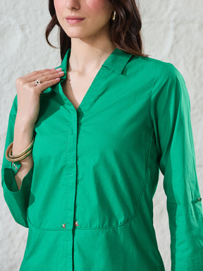 Latin Quarters Women's Green Solid 3/4Th Sleeves Collared Casual Shirt