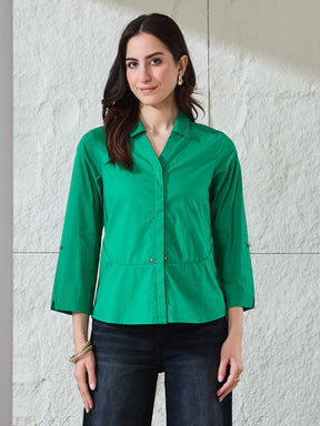 Latin Quarters Women's Green Solid 3/4Th Sleeves Collared Casual Shirt