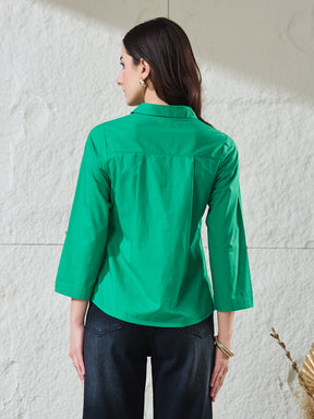 Latin Quarters Women's Green Solid 3/4Th Sleeves Collared Casual Shirt