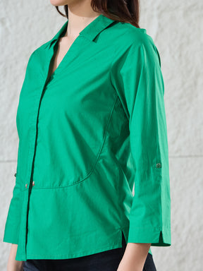 Latin Quarters Women's Green Solid 3/4Th Sleeves Collared Casual Shirt