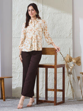 Latin Quarters Women's Beige Printed 3/4Th Sleeves Collared Casual Tunic