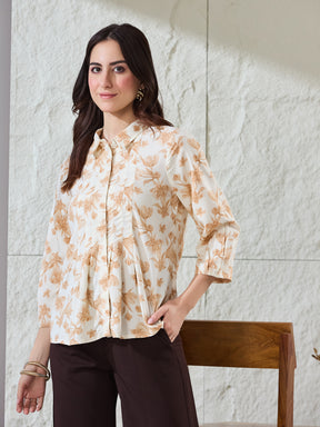 Latin Quarters Women's Beige Printed 3/4Th Sleeves Collared Casual Tunic