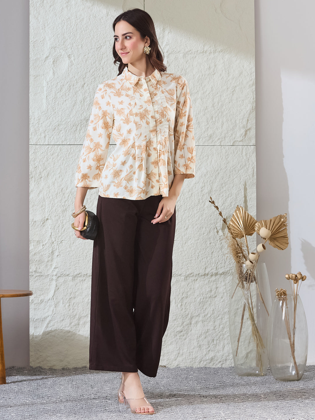 Latin Quarters Women's Beige Printed 3/4Th Sleeves Collared Casual Tunic
