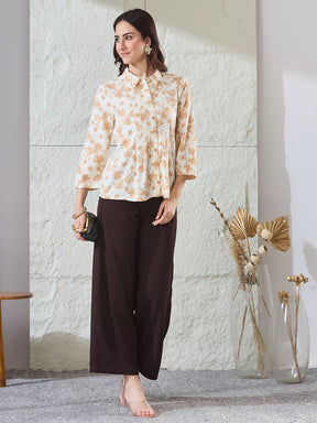 Latin Quarters Women's Beige Printed 3/4Th Sleeves Collared Casual Tunic