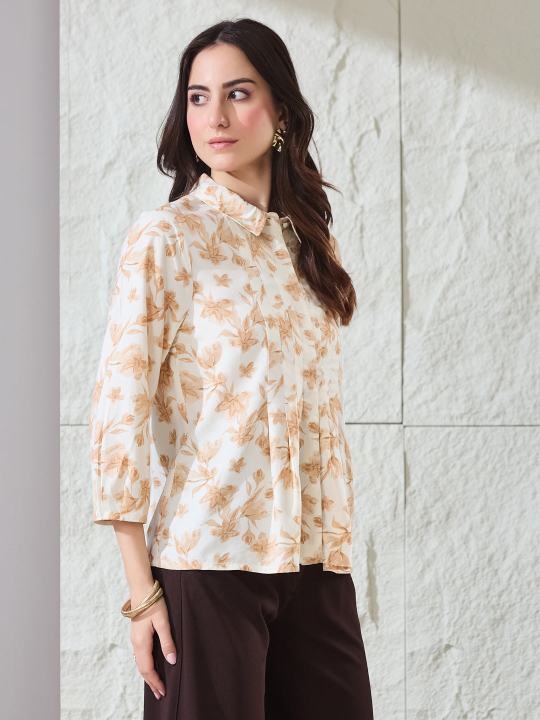 Latin Quarters Women's Beige Printed 3/4Th Sleeves Collared Casual Tunic