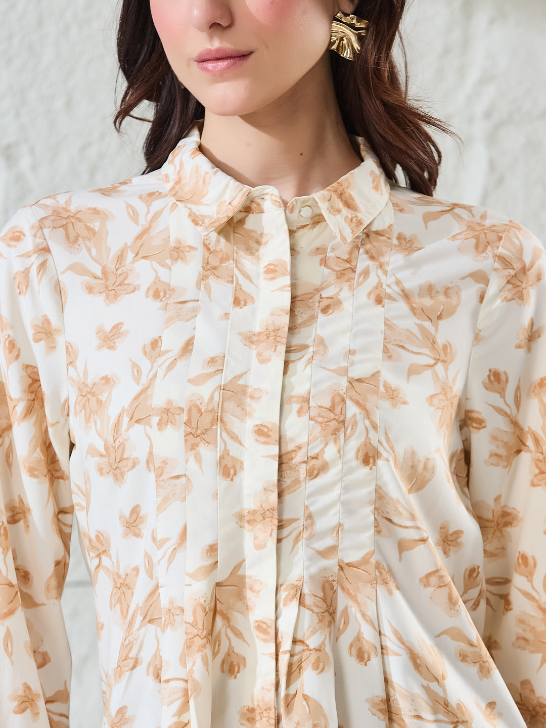 Latin Quarters Women's Beige Printed 3/4Th Sleeves Collared Casual Tunic