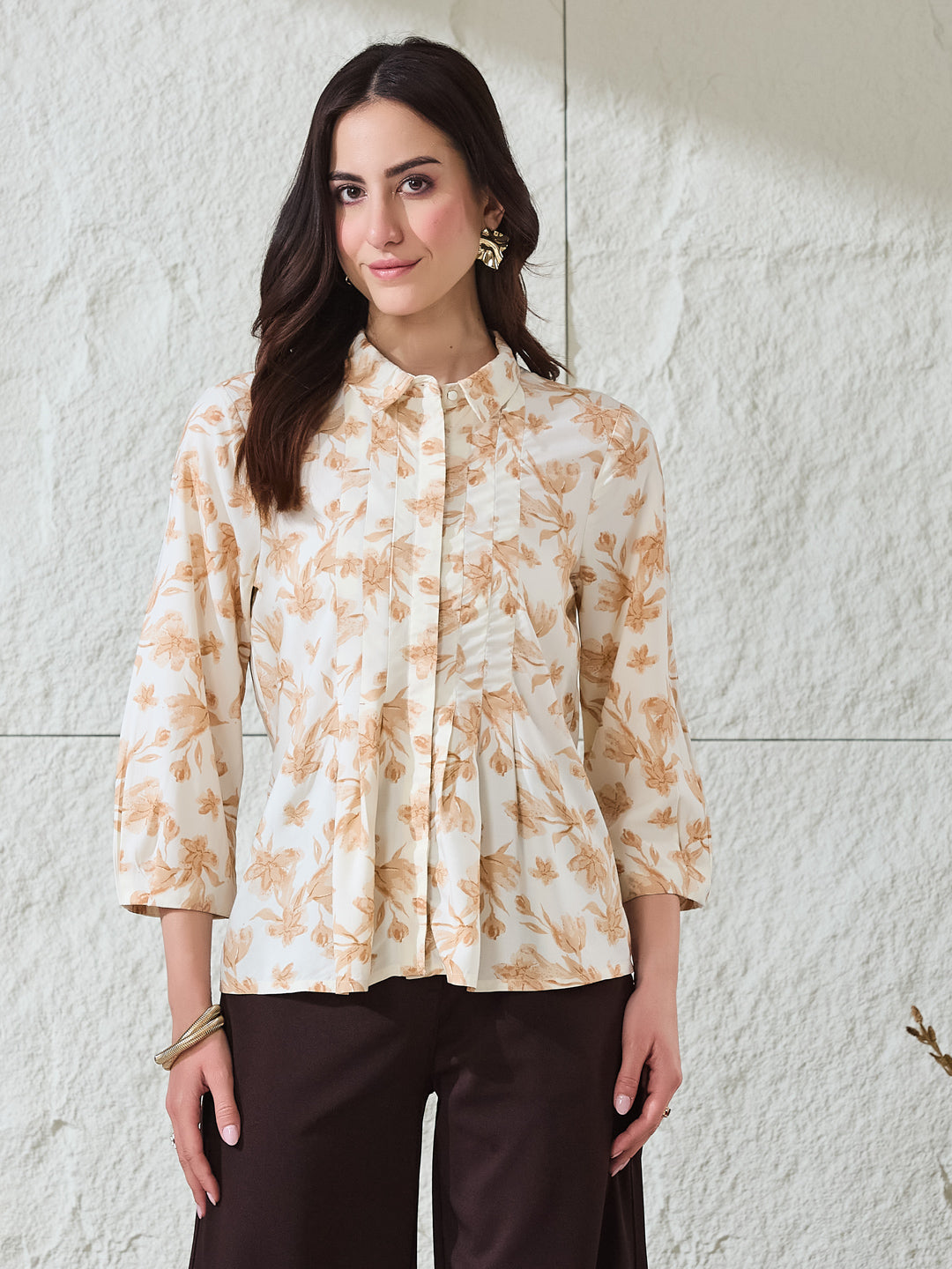 Latin Quarters Women's Beige Printed 3/4Th Sleeves Collared Casual Tunic