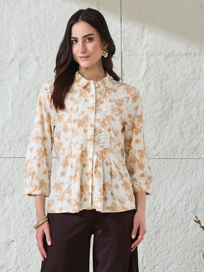 Latin Quarters Women's Beige Printed 3/4Th Sleeves Collared Casual Tunic