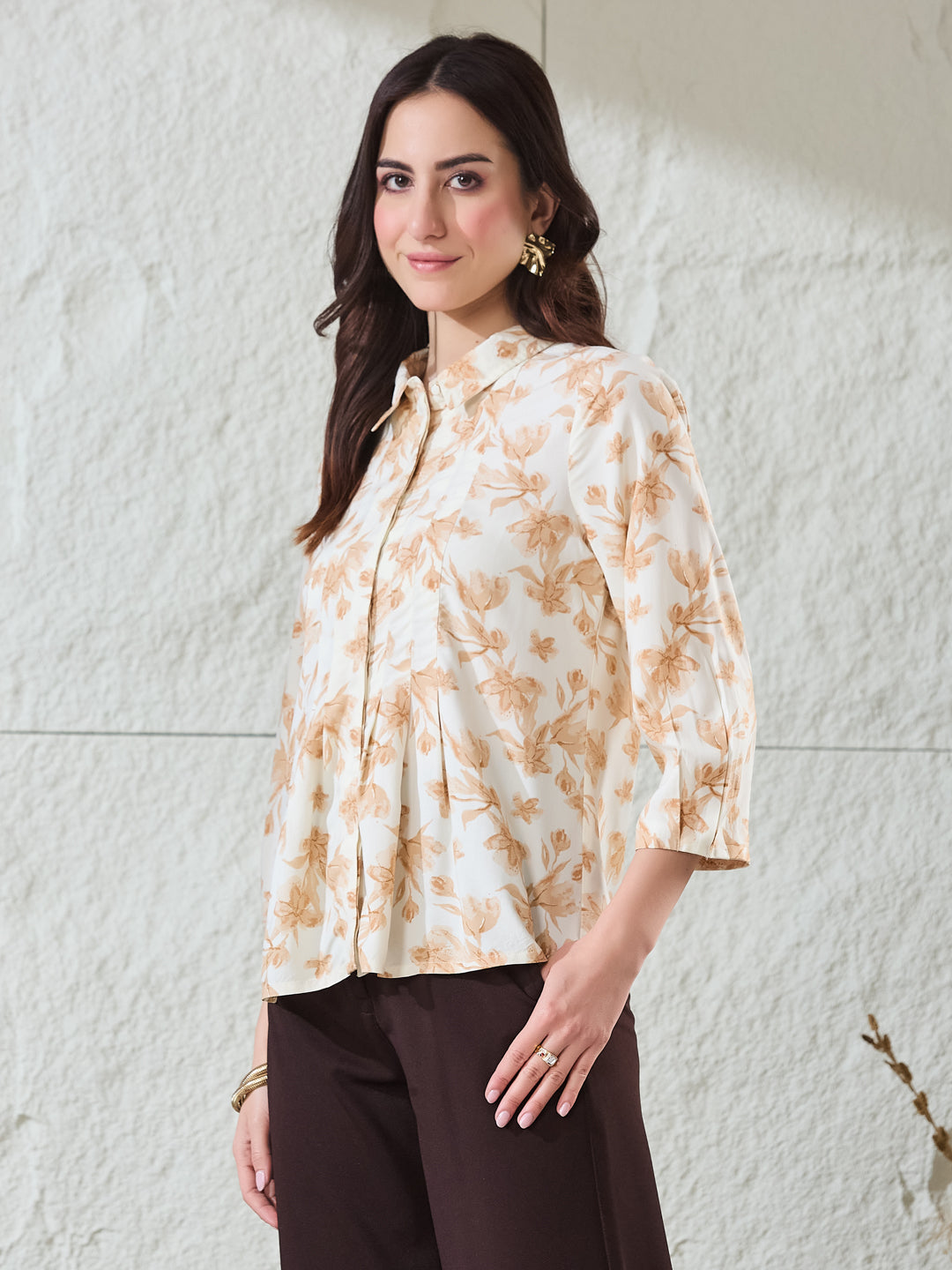 Latin Quarters Women's Beige Printed 3/4Th Sleeves Collared Casual Tunic