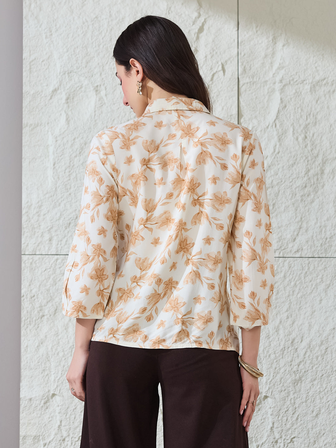 Latin Quarters Women's Beige Printed 3/4Th Sleeves Collared Casual Tunic