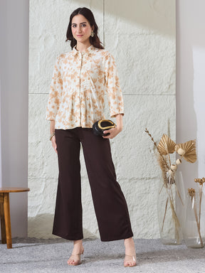 Latin Quarters Women's Beige Printed 3/4Th Sleeves Collared Casual Tunic
