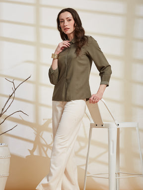 Latin Quarters Women's Olive Solid Collared 3/4Th Sleeve Casual Tunic