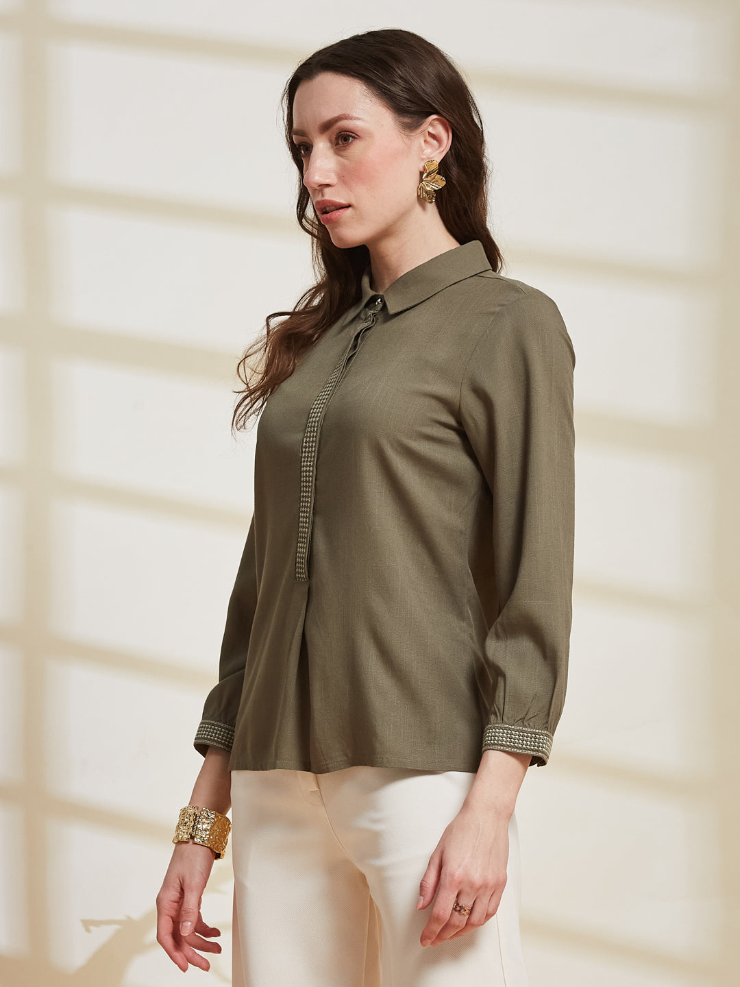 Latin Quarters Women's Olive Solid Collared 3/4Th Sleeve Casual Tunic