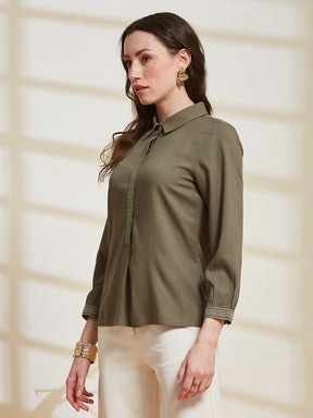 Latin Quarters Women's Olive Solid Collared 3/4Th Sleeve Casual Tunic