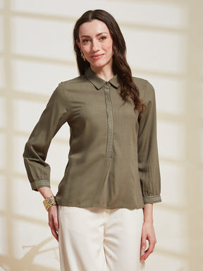 Latin Quarters Women's Olive Solid Collared 3/4Th Sleeve Casual Tunic