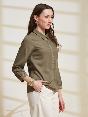 Latin Quarters Women's Olive Solid Collared 3/4Th Sleeve Casual Tunic