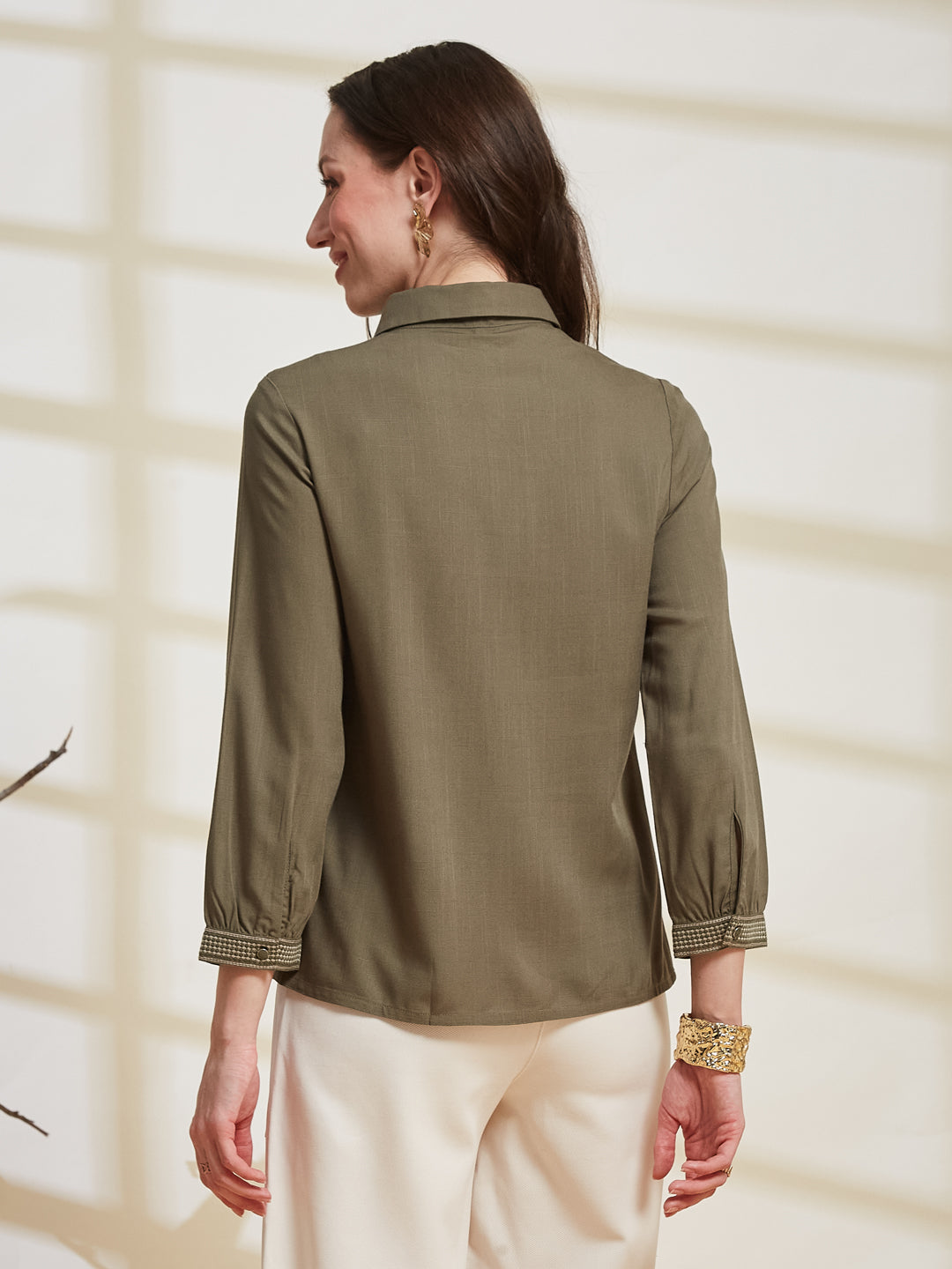 Latin Quarters Women's Olive Solid Collared 3/4Th Sleeve Casual Tunic