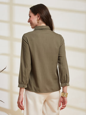 Latin Quarters Women's Olive Solid Collared 3/4Th Sleeve Casual Tunic