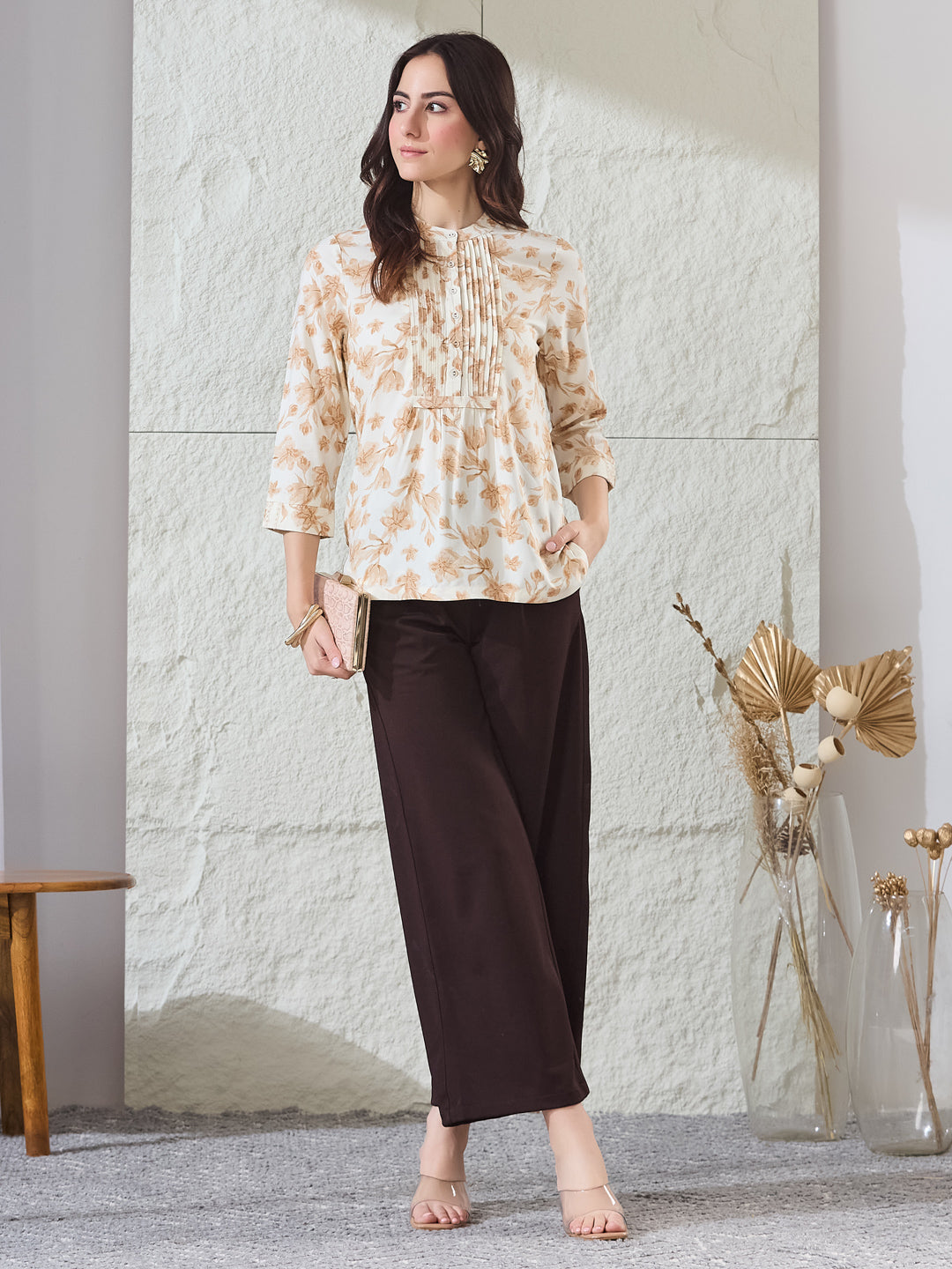 Latin Quarters Women's Beige Printed 3/4Th Sleeves Mandarin Collar Casual Tunic