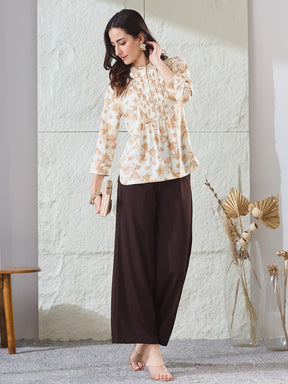 Latin Quarters Women's Beige Printed 3/4Th Sleeves Mandarin Collar Casual Tunic