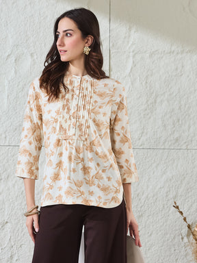 Latin Quarters Women's Beige Printed 3/4Th Sleeves Mandarin Collar Casual Tunic