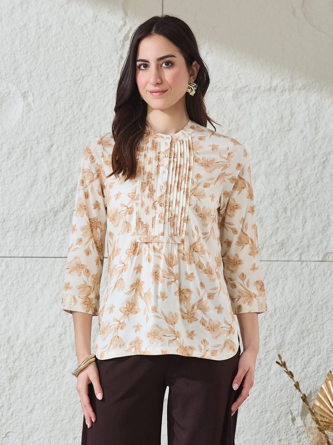 Latin Quarters Women's Beige Printed 3/4Th Sleeves Mandarin Collar Casual Tunic