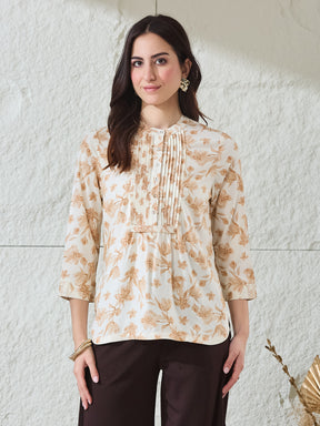 Latin Quarters Women's Beige Printed 3/4Th Sleeves Mandarin Collar Casual Tunic