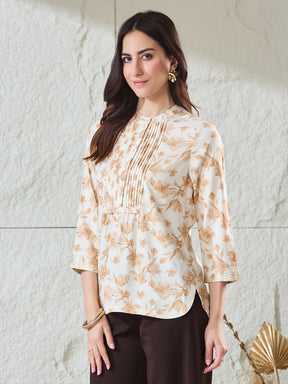 Latin Quarters Women's Beige Printed 3/4Th Sleeves Mandarin Collar Casual Tunic