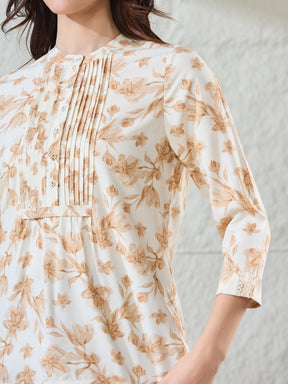 Latin Quarters Women's Beige Printed 3/4Th Sleeves Mandarin Collar Casual Tunic