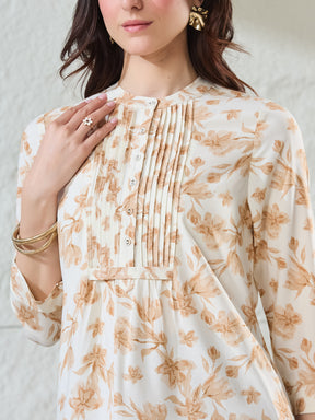 Latin Quarters Women's Beige Printed 3/4Th Sleeves Mandarin Collar Casual Tunic