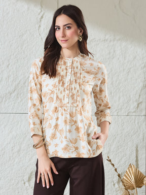 Latin Quarters Women's Beige Printed 3/4Th Sleeves Mandarin Collar Casual Tunic