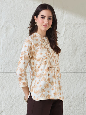 Latin Quarters Women's Beige Printed 3/4Th Sleeves Mandarin Collar Casual Tunic