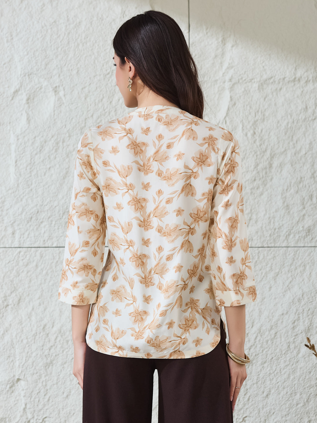 Latin Quarters Women's Beige Printed 3/4Th Sleeves Mandarin Collar Casual Tunic