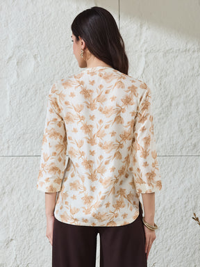 Latin Quarters Women's Beige Printed 3/4Th Sleeves Mandarin Collar Casual Tunic