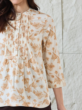 Latin Quarters Women's Beige Printed 3/4Th Sleeves Mandarin Collar Casual Tunic