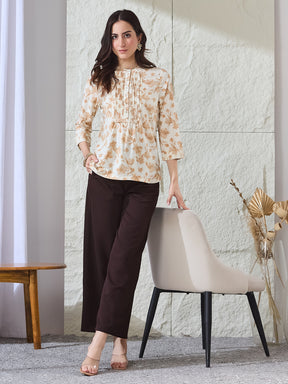 Latin Quarters Women's Beige Printed 3/4Th Sleeves Mandarin Collar Casual Tunic