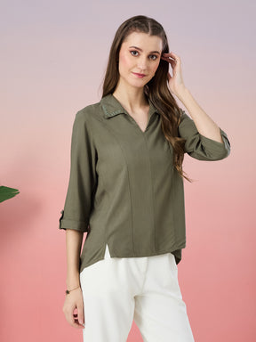 Latin Quarters Women's Green Solid 3/4th Sleeve Collar Neck Casual Tunic