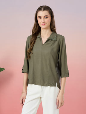 Latin Quarters Women's Green Solid 3/4th Sleeve Collar Neck Casual Tunic