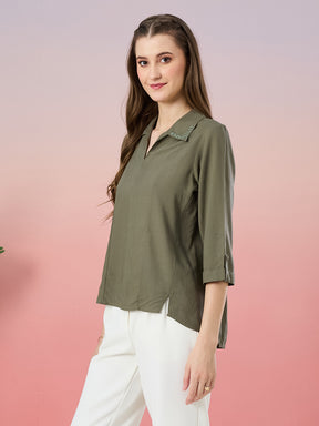 Latin Quarters Women's Green Solid 3/4th Sleeve Collar Neck Casual Tunic