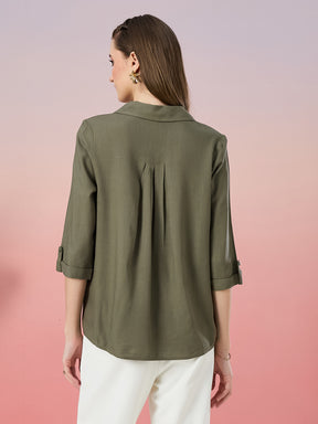 Latin Quarters Women's Green Solid 3/4th Sleeve Collar Neck Casual Tunic