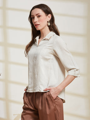 Latin Quarters Women's Off White Striped Collared 3/4Th Sleeve Casual Tunic