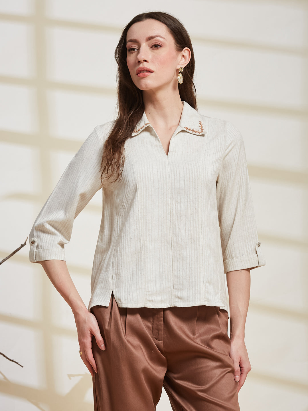 Latin Quarters Women's Off White Striped Collared 3/4Th Sleeve Casual Tunic