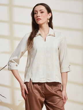 Latin Quarters Women's Off White Striped Collared 3/4Th Sleeve Casual Tunic