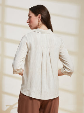 Latin Quarters Women's Off White Striped Collared 3/4Th Sleeve Casual Tunic