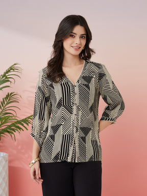 Latin Quarters Women's Black Printed V-Neck 3/4th Sleeves Casual Tunic