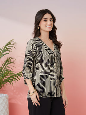 Latin Quarters Women's Black Printed V-Neck 3/4th Sleeves Casual Tunic