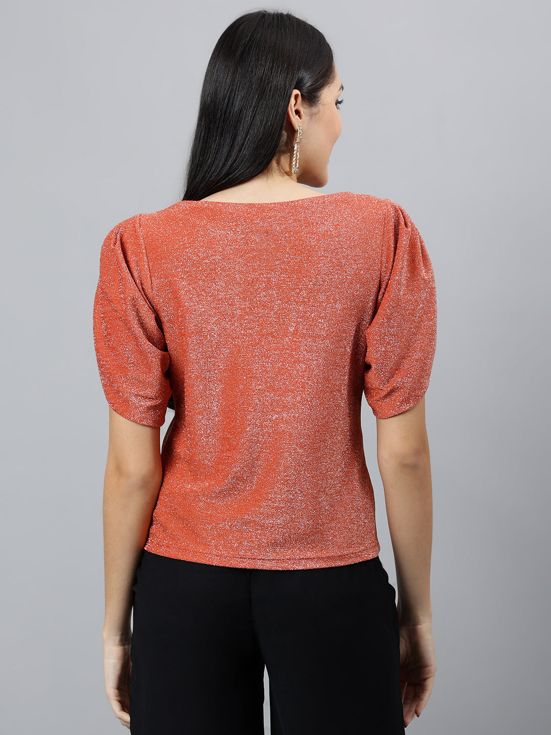 Orange Solid Half Sleeve Party Knit Top