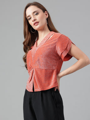 Orange Half Sleeve Solid Knit Top