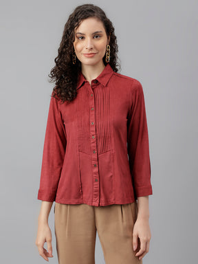 Maroon Full Sleeve Solid Shirt Blouse Top