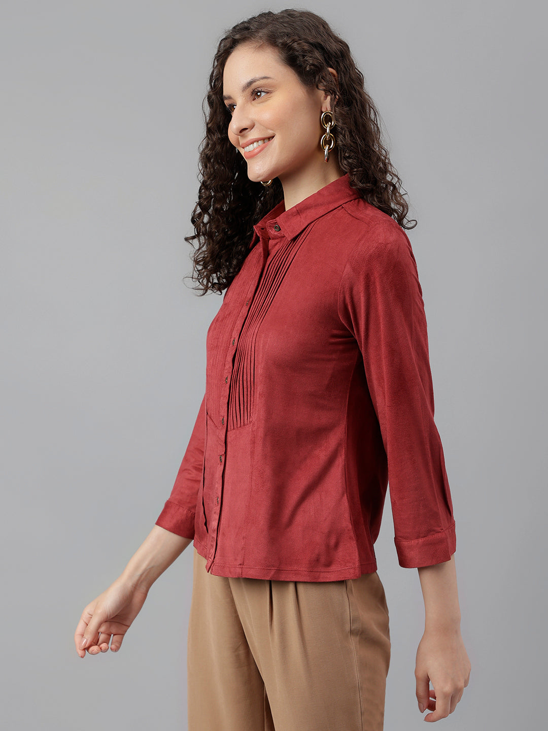 Maroon Full Sleeve Solid Shirt Blouse Top